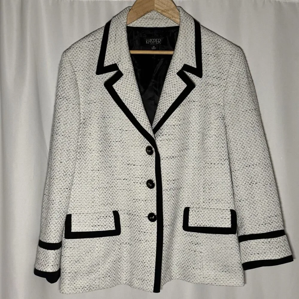 Kasper Tweed Contrast Black White 3 Button Women's Blazer Jacket Plus Size 18 - Picture 3 of 16